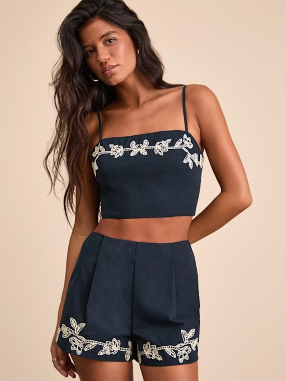 Lulus Sarella Navy Cotton High-rise Embroidered Shorts Blue - Size S
